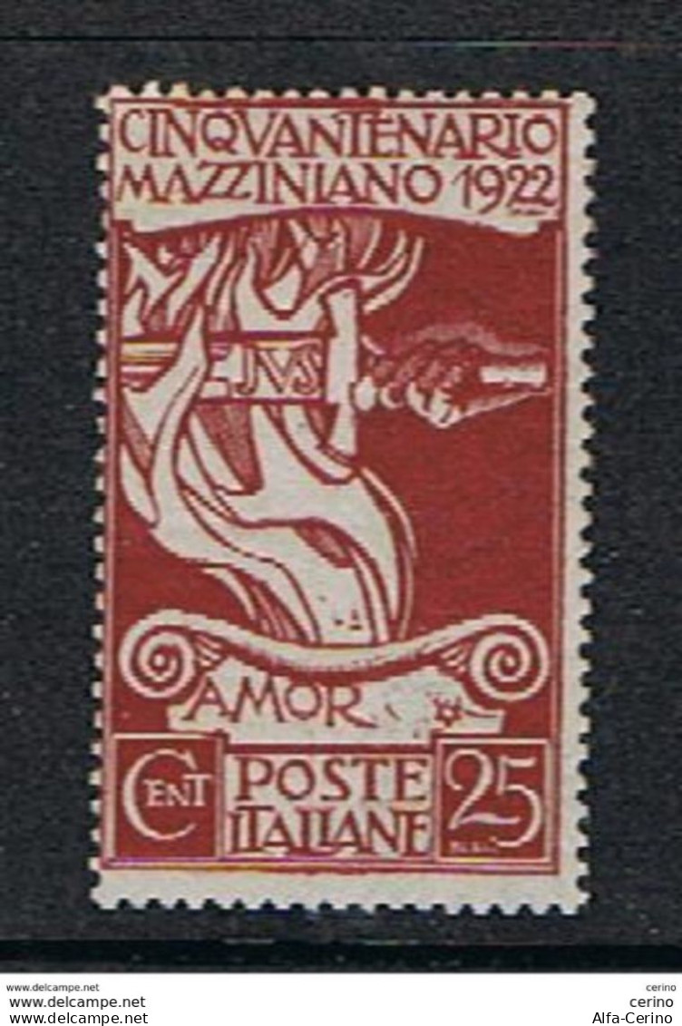 REGNO:  1922  G. MAZZINI  -  25 C. BRUNO  ROSSO  L. -  SASS. 128 - Ongebruikt