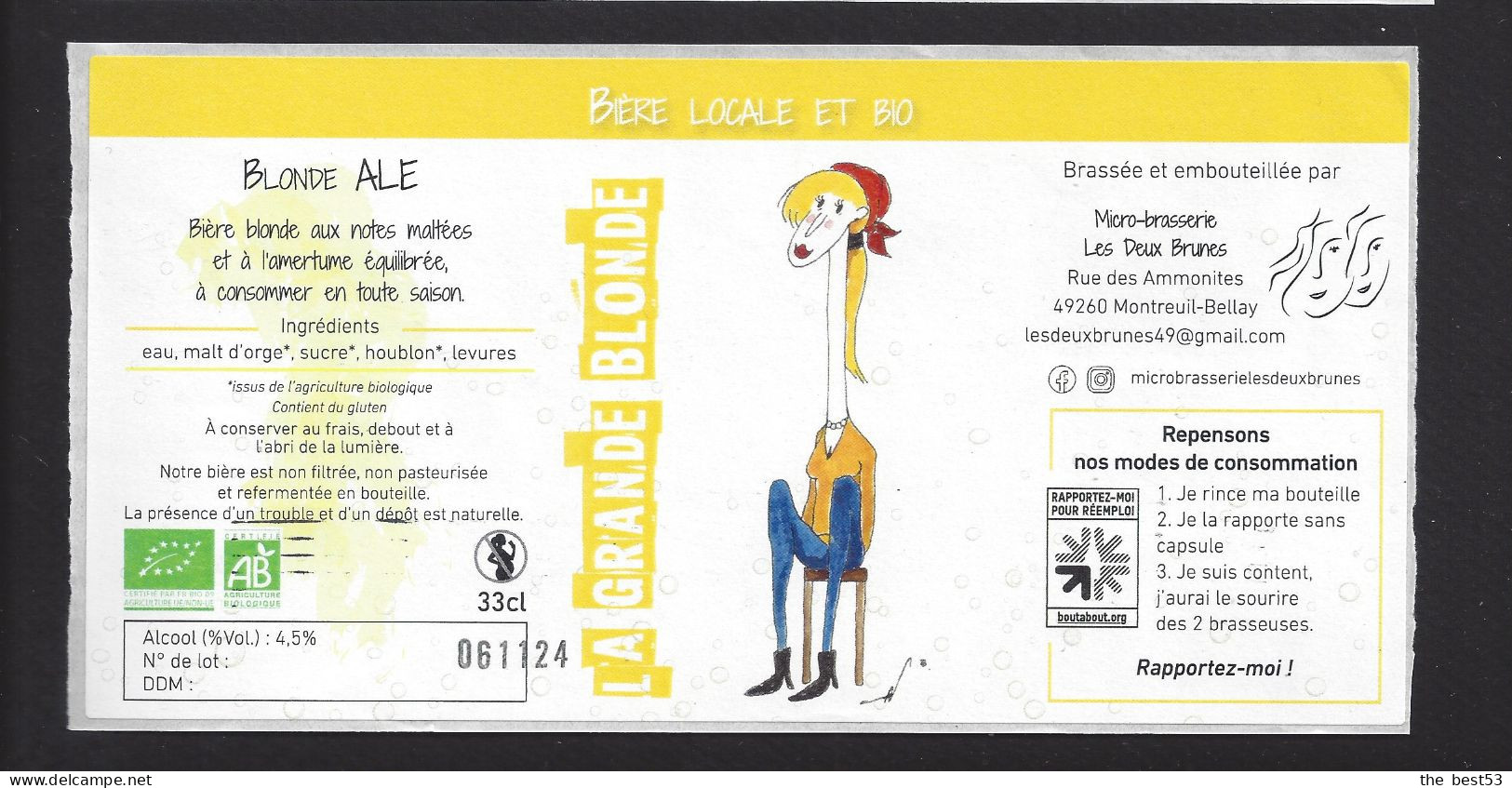 Etiquette De Bière Blonde ALE -  La Grande  -  Brasserie Les Deux Brune  à  Montreuil Bellay  (49) - Bier