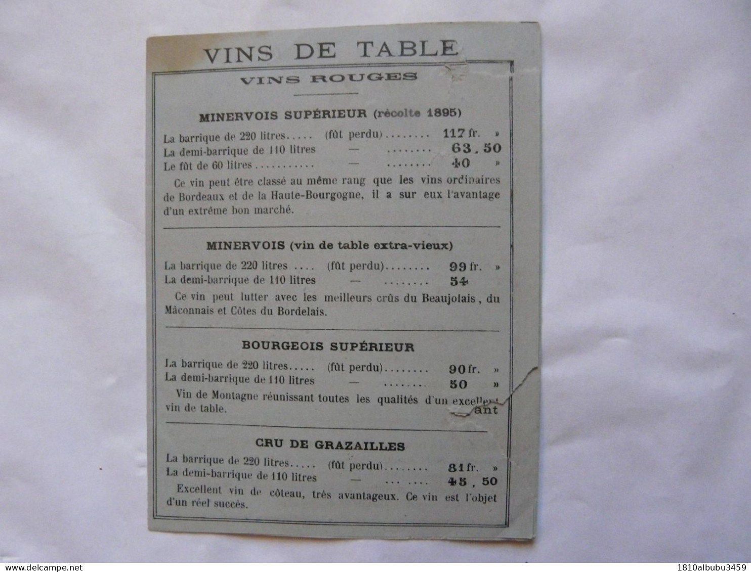 VIEUX PAPIERS - PUBLICITE : VINS DE TABLE DU MINERVOIS - Charles SABATIER - Carcassonne - Advertising