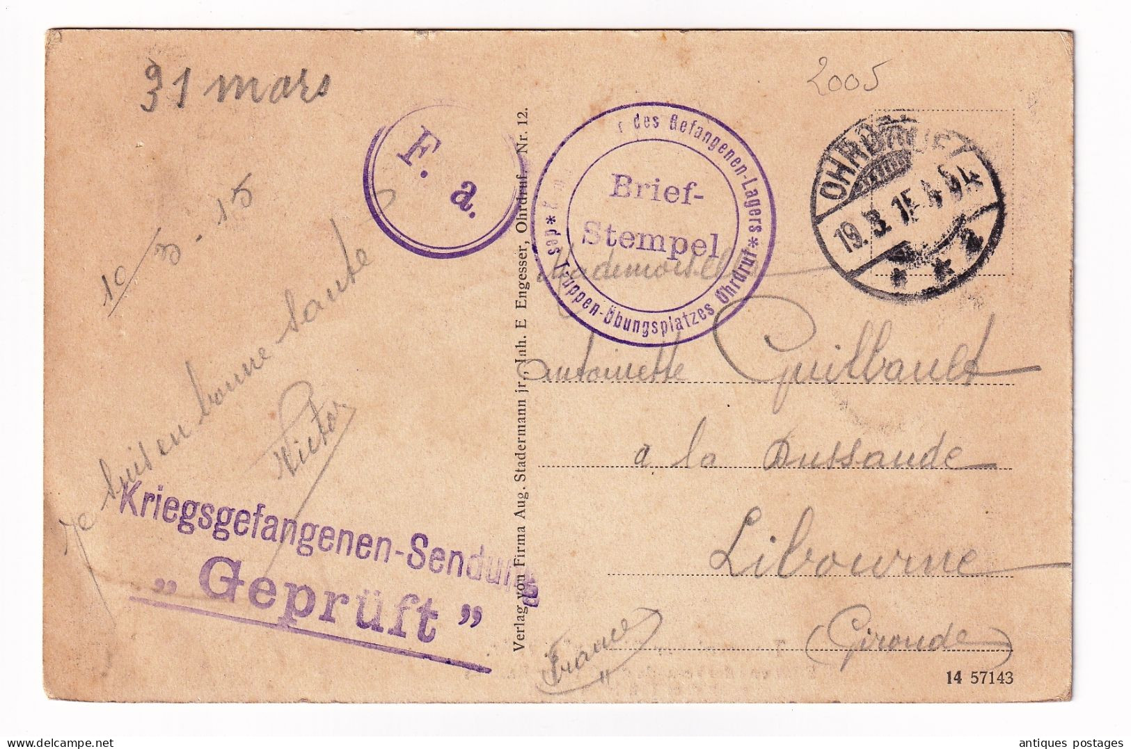 WW1 Deutschland 1915 Brief Stempel Kriegsgefangenen Sendung Geprüft Truppenlager Ohrdruf I Thür Libourne - Kriegsgefangenenpost