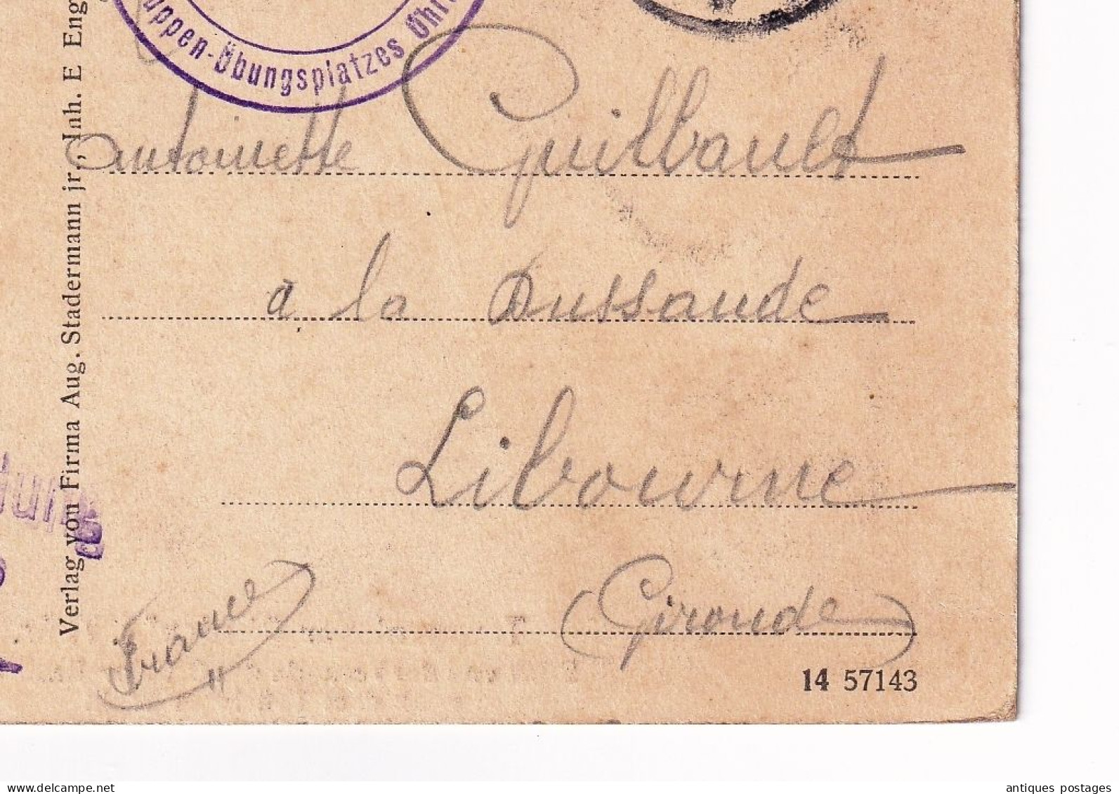 WW1 Deutschland 1915 Brief Stempel Kriegsgefangenen Sendung Geprüft Truppenlager Ohrdruf I Thür Libourne - Kriegsgefangenenpost