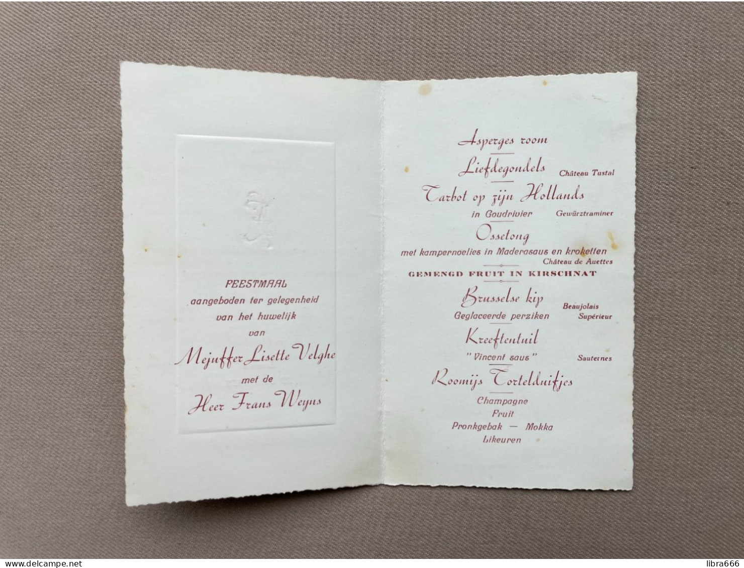MENU - Huwelijk - Lisette VELGHE & Frans WEYNS - 1953 - LEUVEN - Menus