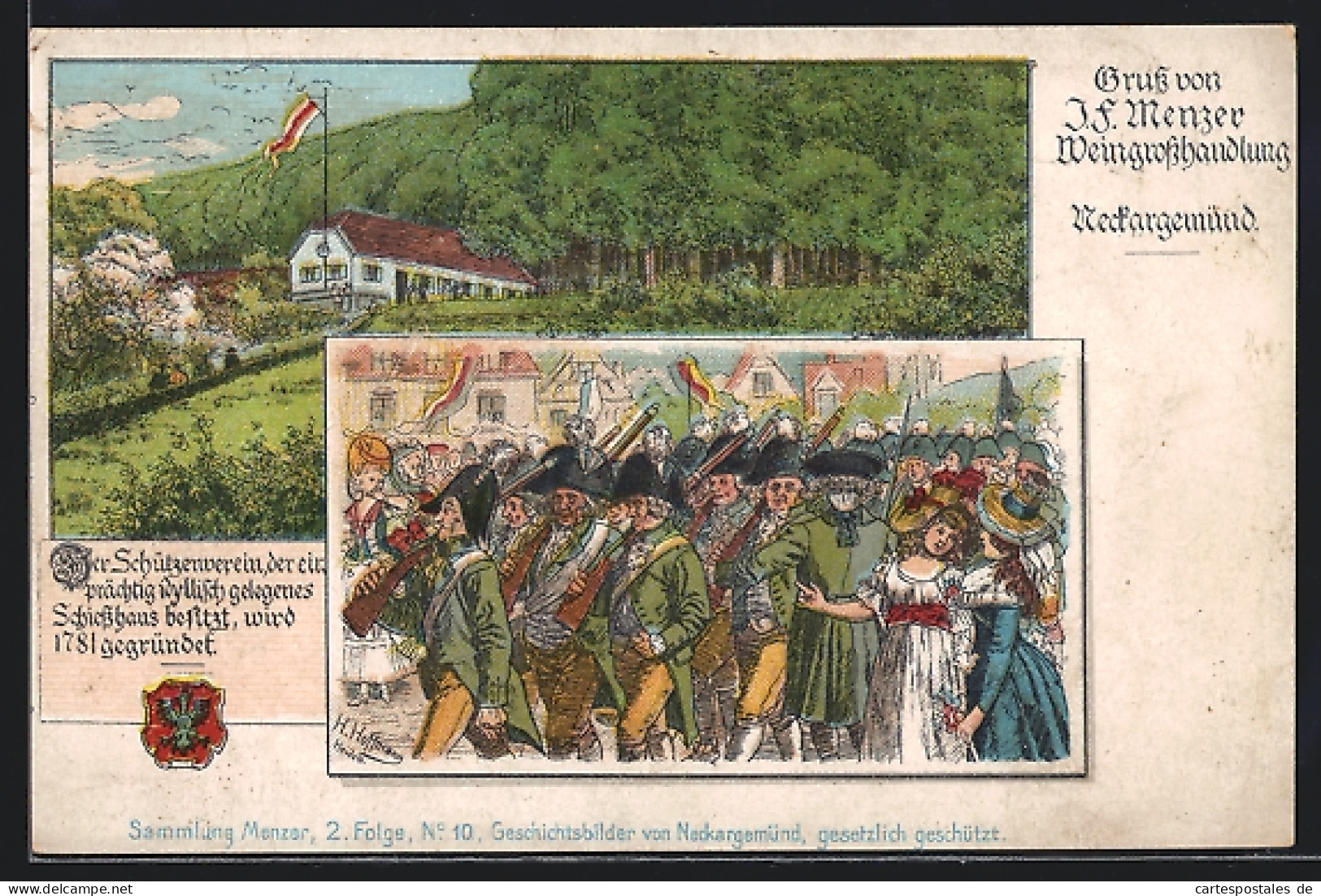 Lithographie Neckargemünd, J.F. Menzer Weingrosshandlung, Parade Des Schützenvereins  - Jagd