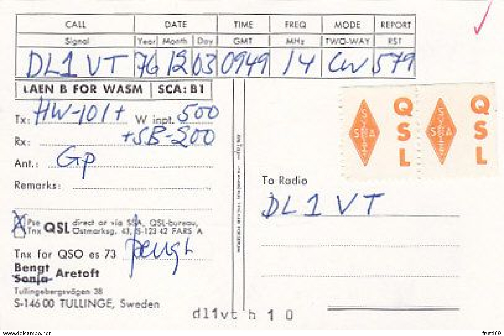 AK 210613 QSL - Sweden - Tullinge - Radio Amateur