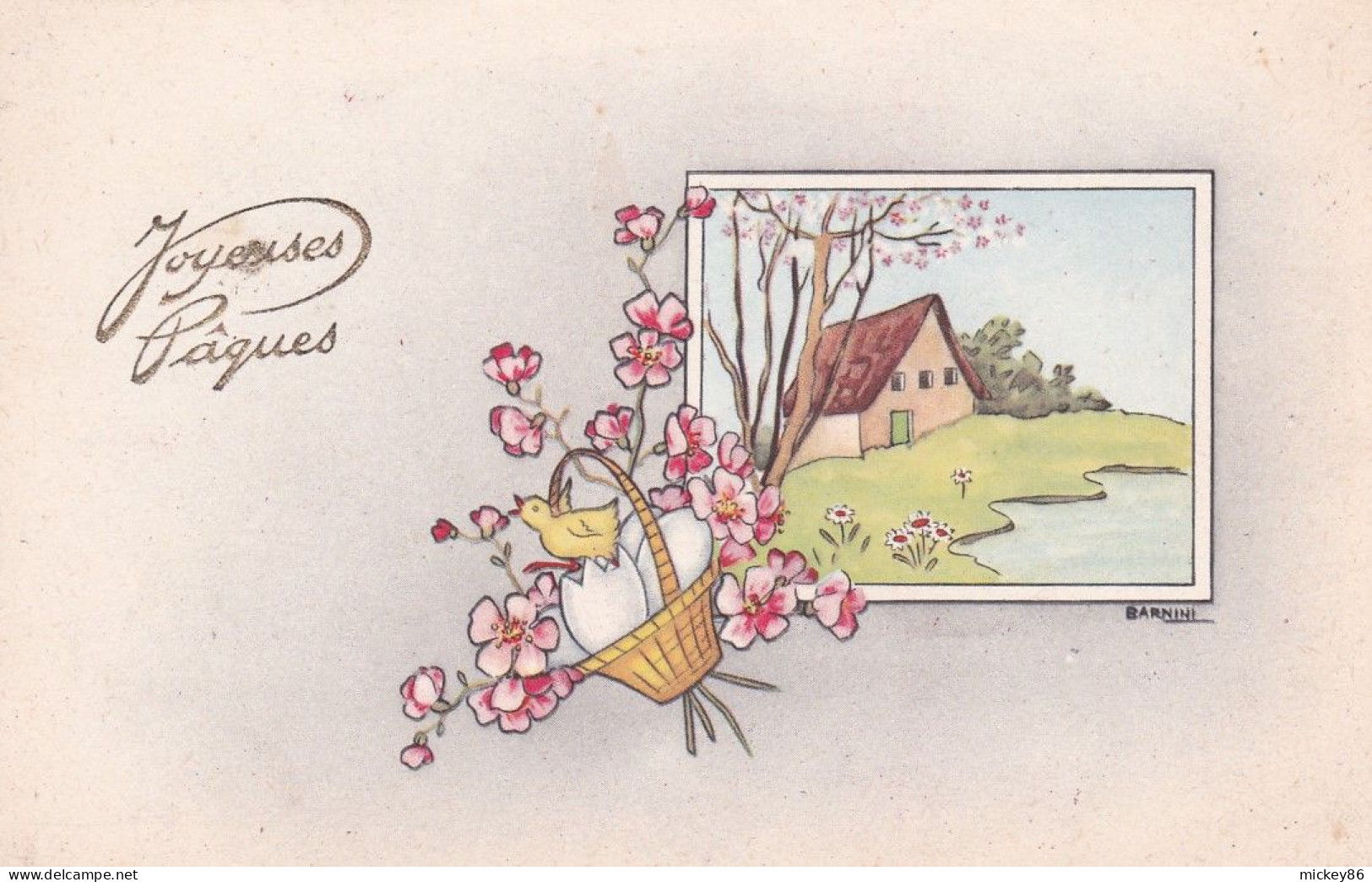 Illustrateur BARNINI  - Joyeuses Pâques-- Panier Avec Oeufs Et Poussin, Fleurs Et Paysage Au Second Plan - Autres & Non Classés