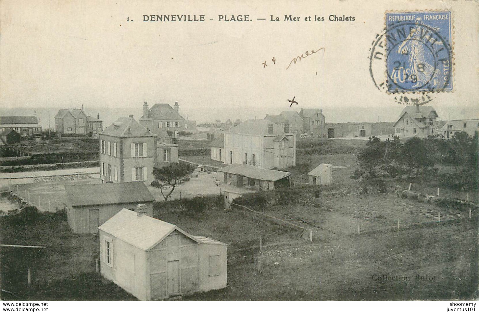 CPA Denneville-Plage-La Mer Et Les Châlets-1-Timbre       L1853 - Autres & Non Classés