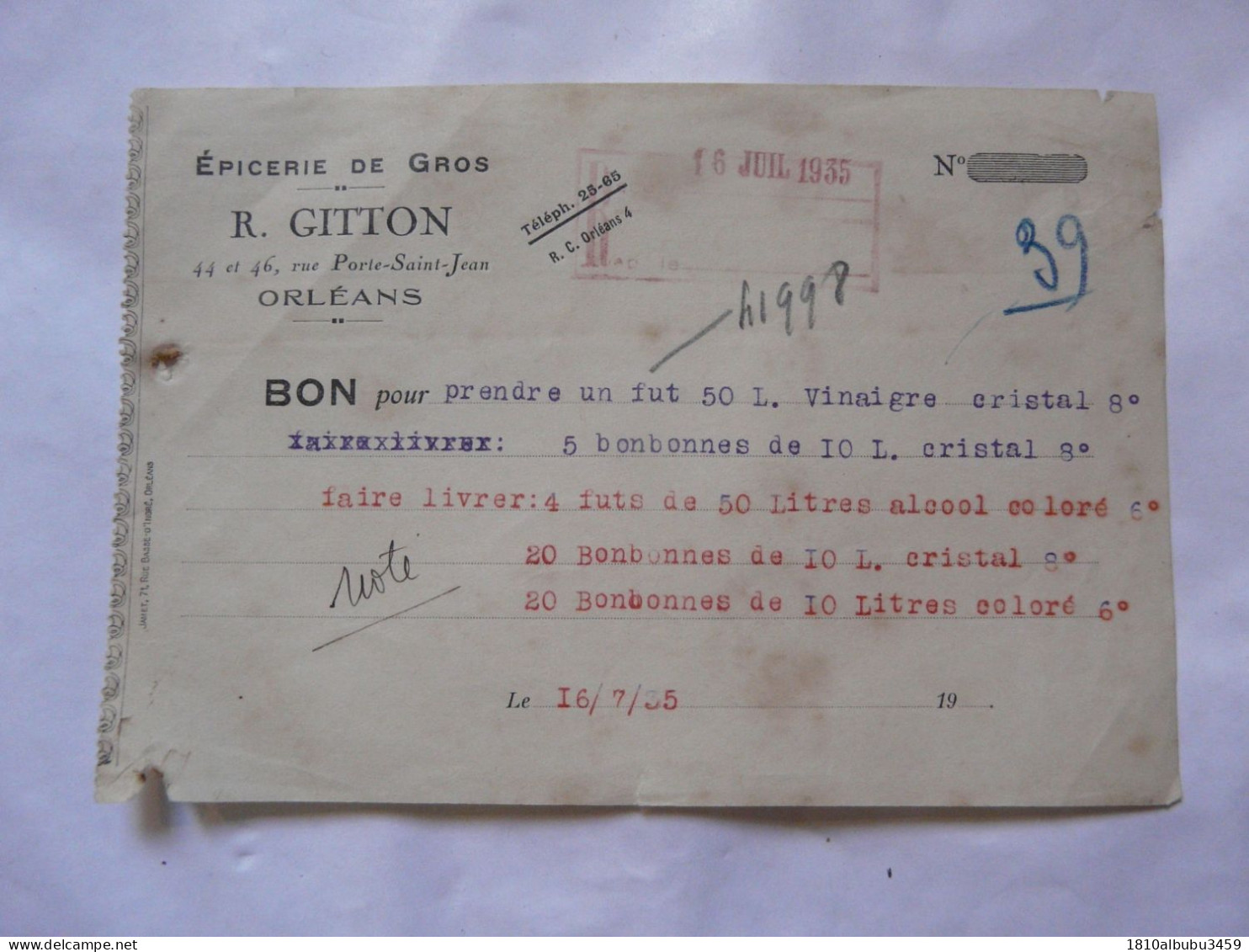 VIEUX PAPIERS - BON Pour Prendre Un Fut 50 L Vinaigre : Epicerie De Gros R. GITTON - Orléans 1935 - Sonstige & Ohne Zuordnung