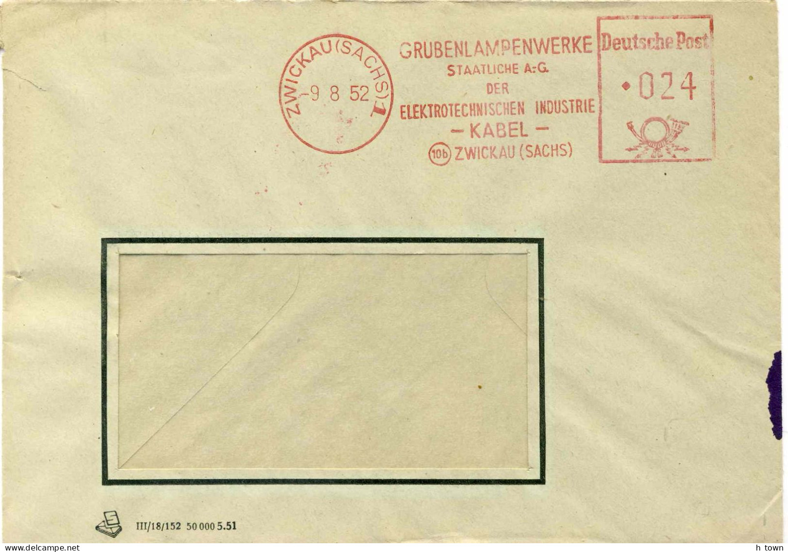 125  Zwickau: AFS 1952 Grubenlampenwerke / Staatliche A.-G. --> VEB. Absender-Freistempel, Firmenumschlag - Máquinas Franqueo (EMA)
