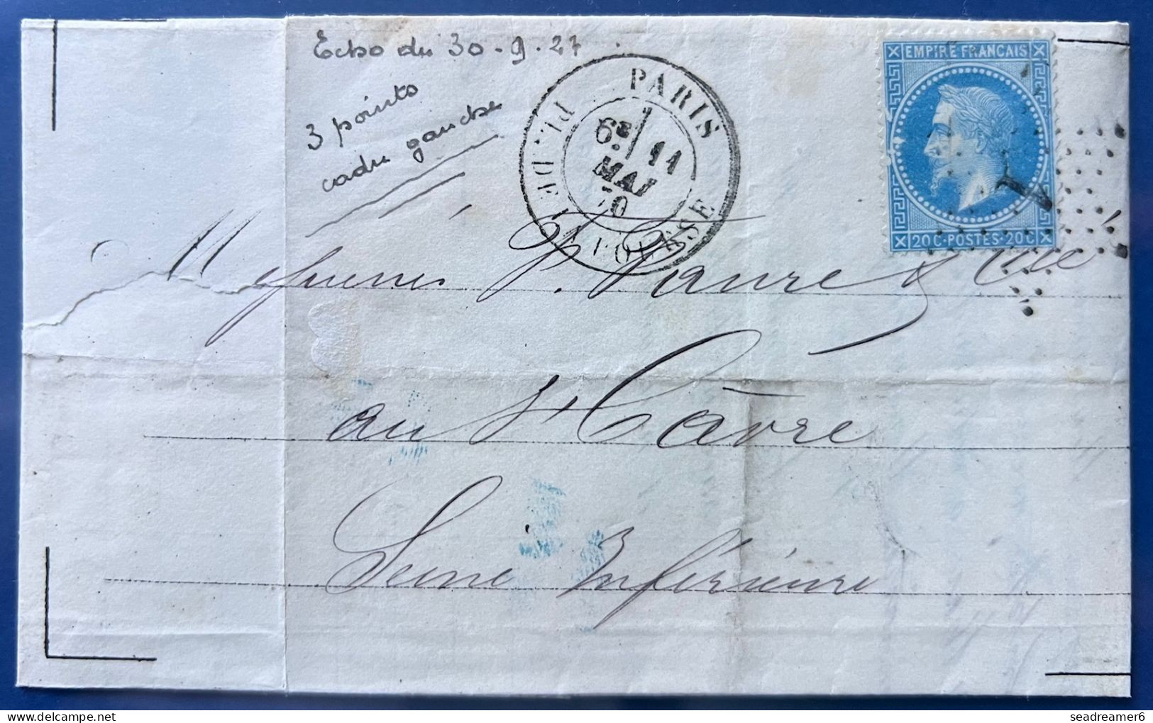 Lettre 11 Mai 1870 Lauré N° 29d II 20c Obl étoile 1 + Dateur PARIS Variété à La Pipe état 2 (case 140A3) !! TTB & RR - 1863-1870 Napoleon III With Laurels