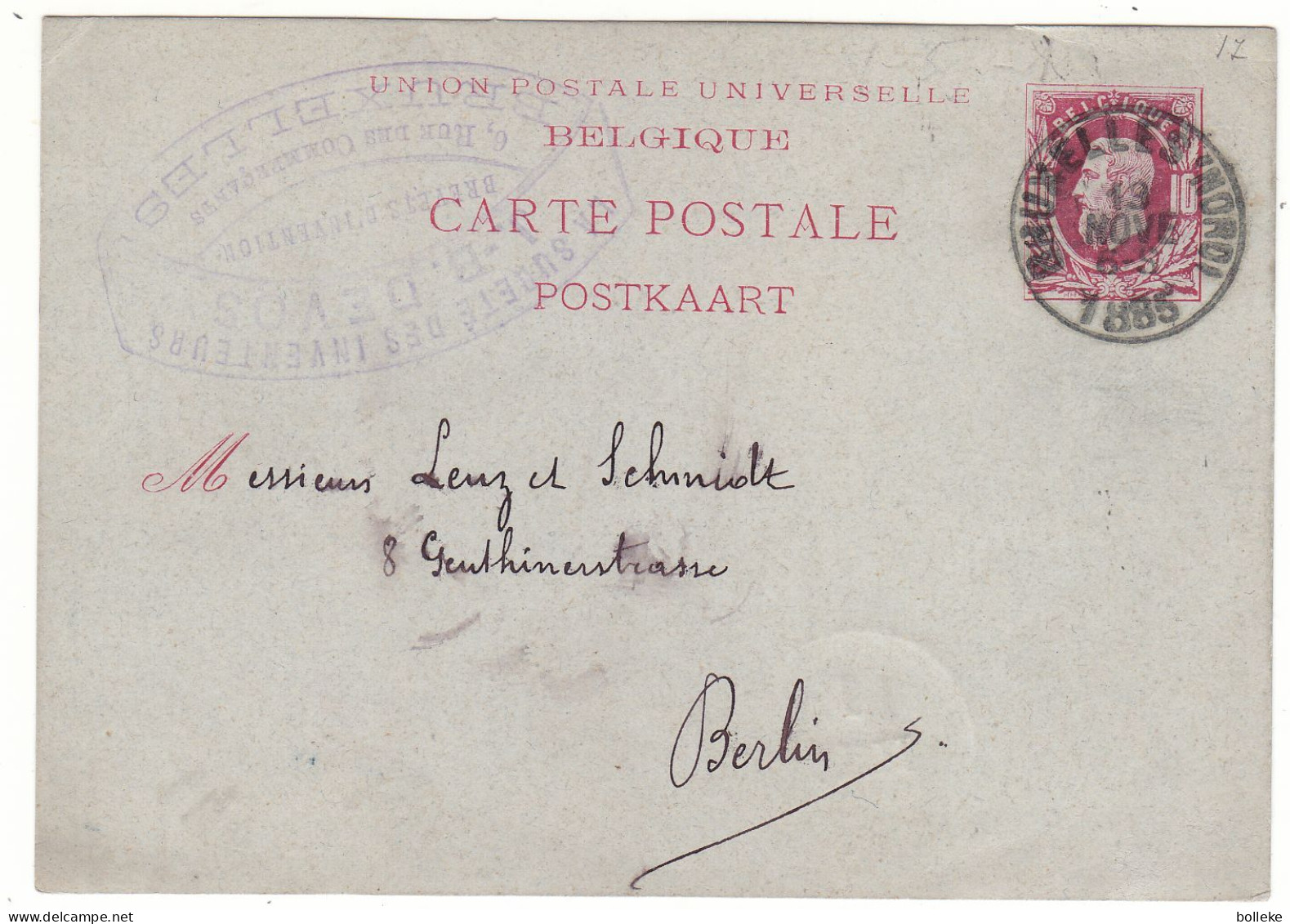 Belgique - Carte Postale De 1885 - Entier Postal - Oblit Bruxelles Nord - Exp Vers Berlin - - 1884-1891 Léopold II