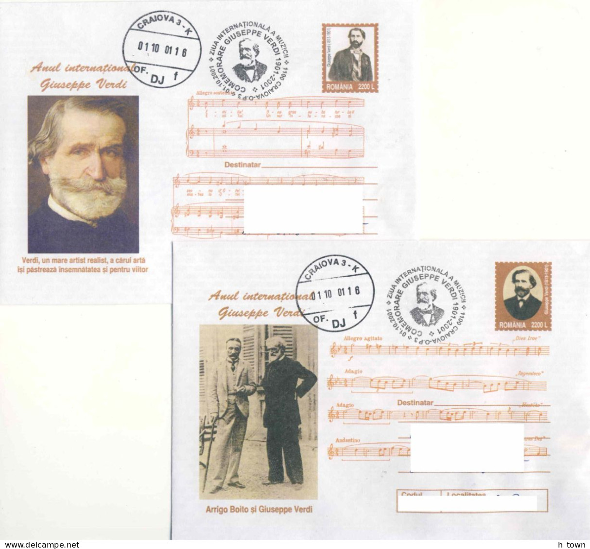 126  Giuseppe Verdi: 2 PAP Avec Oblit. Temp. 2001 - Pictorial Cancels On Postal Stationery Covers. Opera - Music