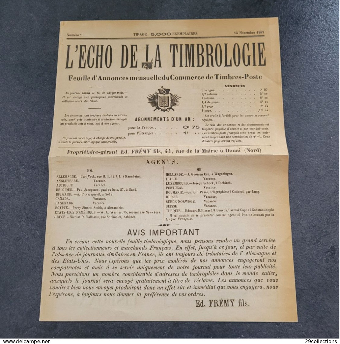 L'ECHO DE LA TIMBROLOGIE N°1 - 15/11/1887 - 1° Mensuel Français Philatélique - Französisch (bis 1940)