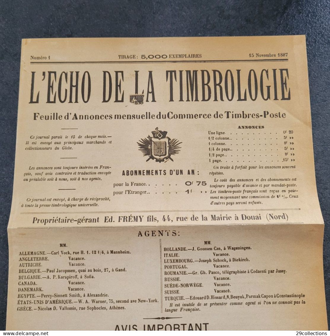 L'ECHO DE LA TIMBROLOGIE N°1 - 15/11/1887 - 1° Mensuel Français Philatélique - Français (jusque 1940)
