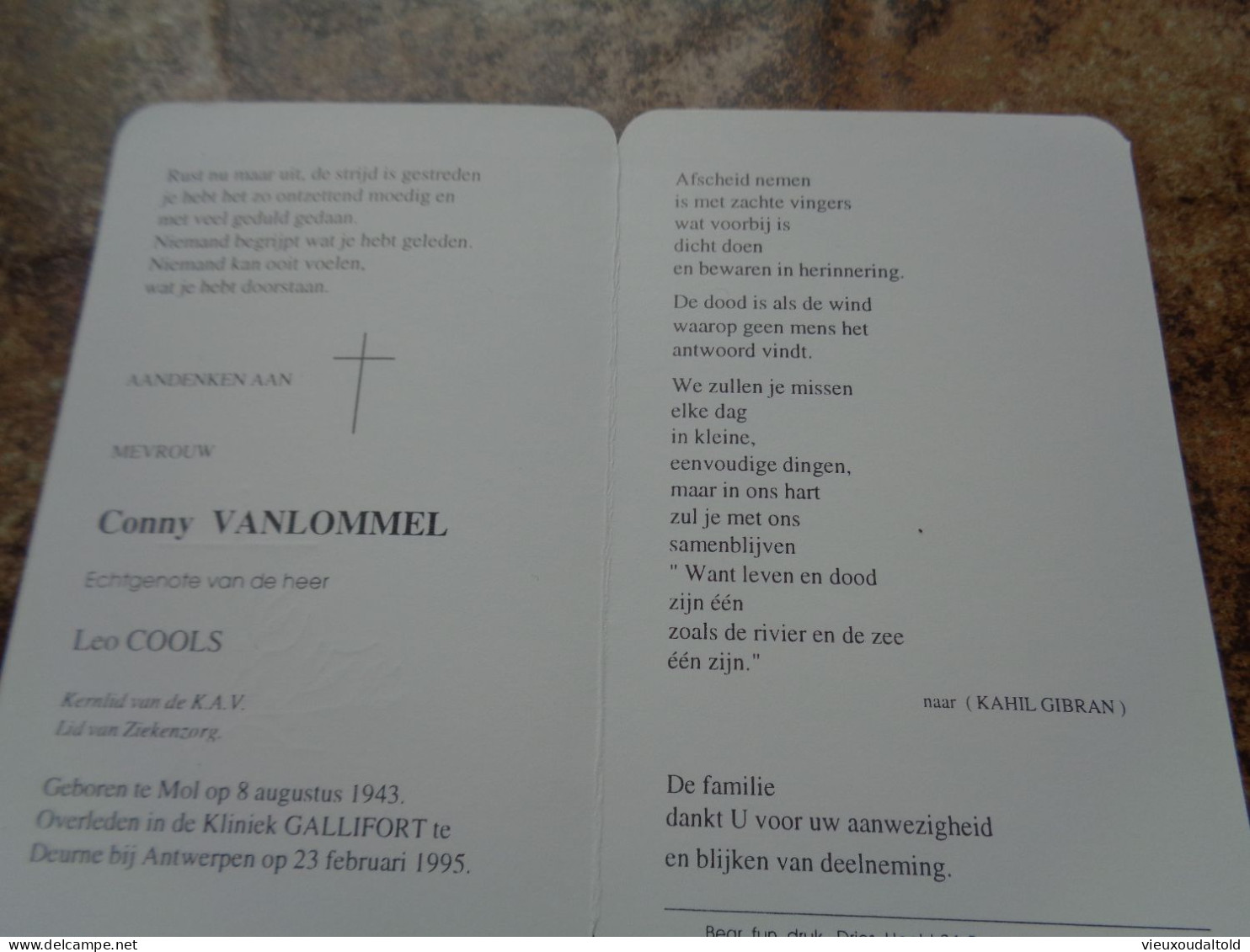 Doodsprentje/Bidprentje   Conny VANLOMMEL   Mol 1943-1995 Deurne - Godsdienst & Esoterisme