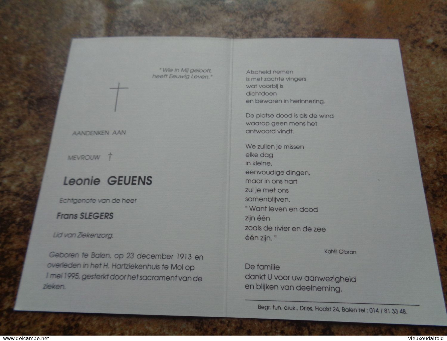 Doodsprentje/Bidprentje   Leonie GEUENS   Balen 1913-1995 Mol  (Echtg Frans SLEGERS) - Religion & Esotericism