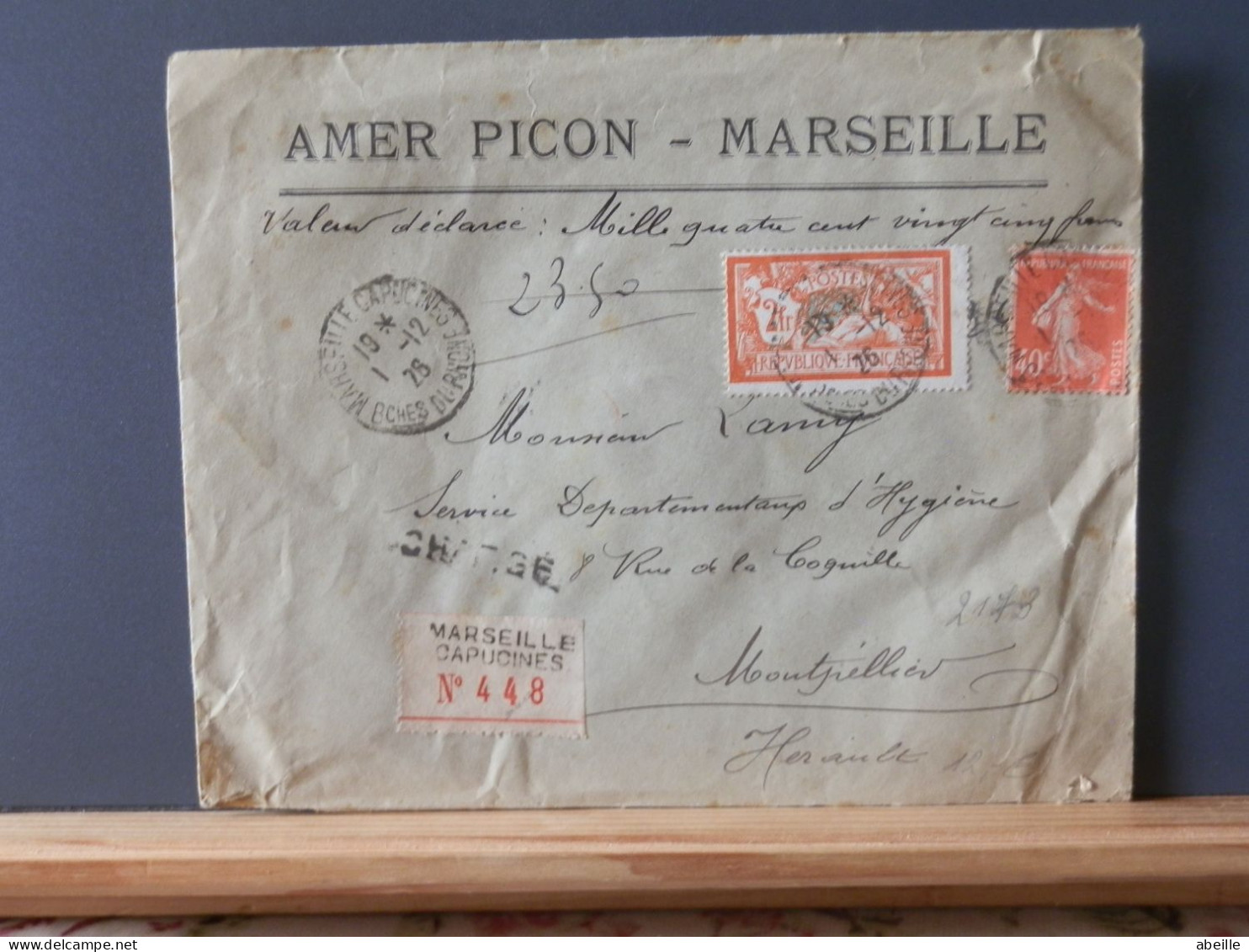 FRANCE/2173 LETTRE RECOMM.     FRANCE 2F  MERSON COMPL.  1926 TARIF 2.40F VALEUR DECLAREE - 1900-27 Merson