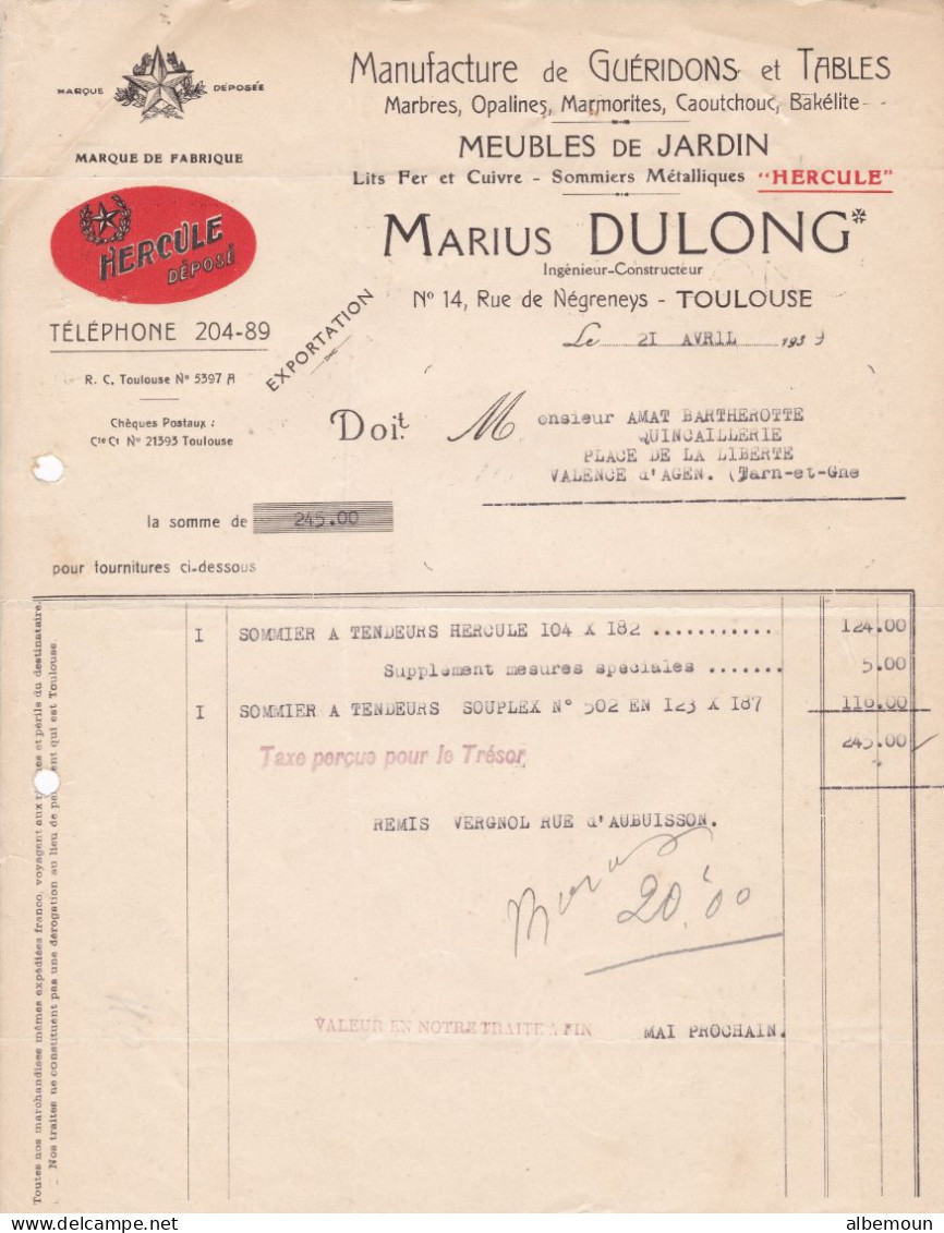 Facture MAURICE DULONG   Meuble De Jardin à Toulouse  Pour Bartherotte à Valence D'Agen 1939 - 1900 – 1949
