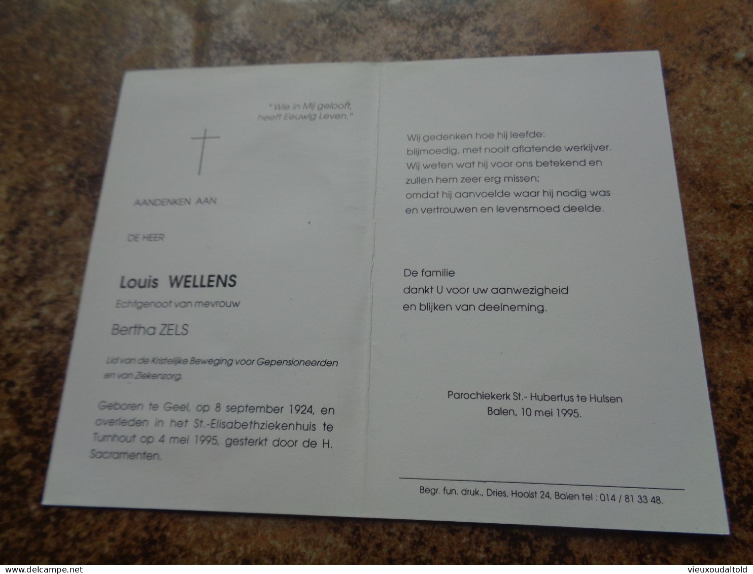 Doodsprentje/Bidprentje   Louis WELLENS   Geel 1924-1995 Turnhout  (Echtg Bertha ZELS) - Religion & Esotérisme