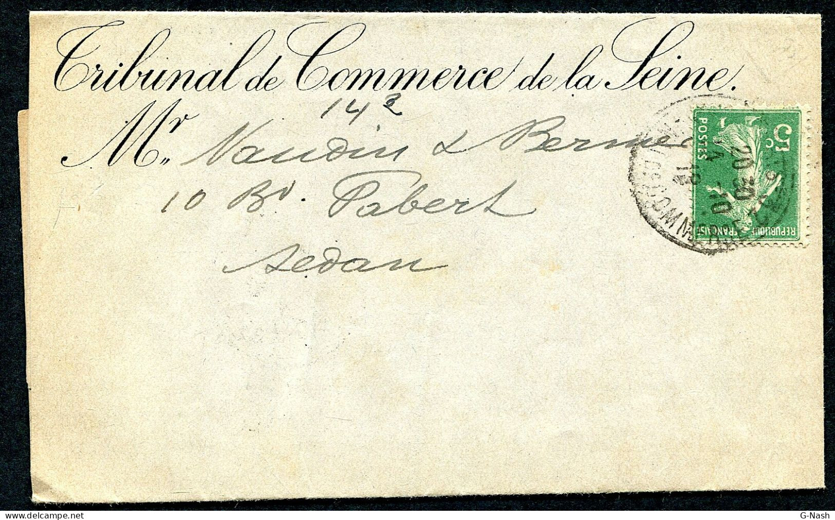 Lettre Du Tribunal De Commerce Du 14 Octobre 1919 - Affranchissement 5c Semeuse Vert - 1906-38 Säerin, Untergrund Glatt