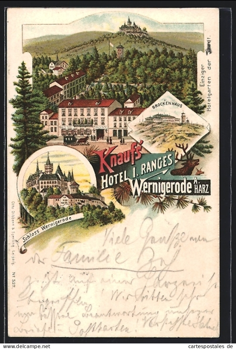 Lithographie Wernigerode A. Harz, Knaufs Hotel, Schloss, Brockenhaus  - Wernigerode