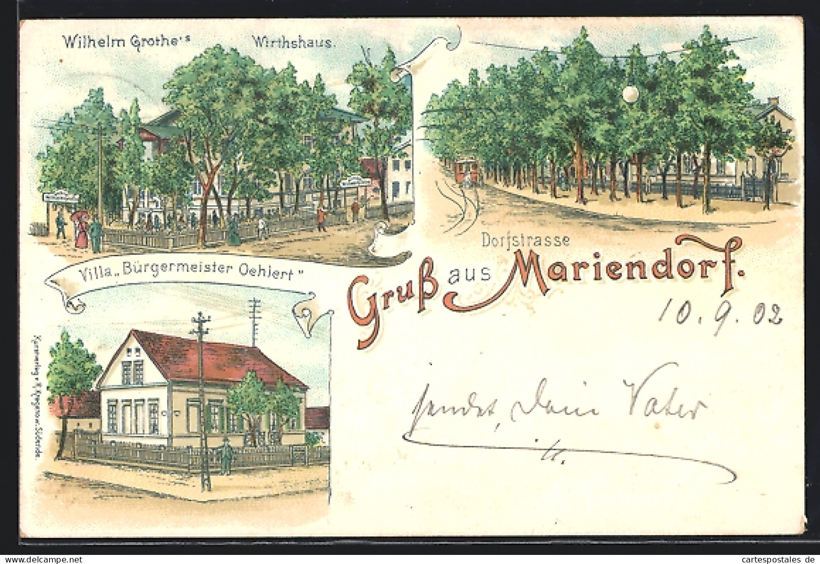 Lithographie Mariendorf, Wilhelm Grothes Wirtshaus, Villa Bürgermeister Oehlert, Dorfstrasse Mit Strassenbahn  - Tempelhof