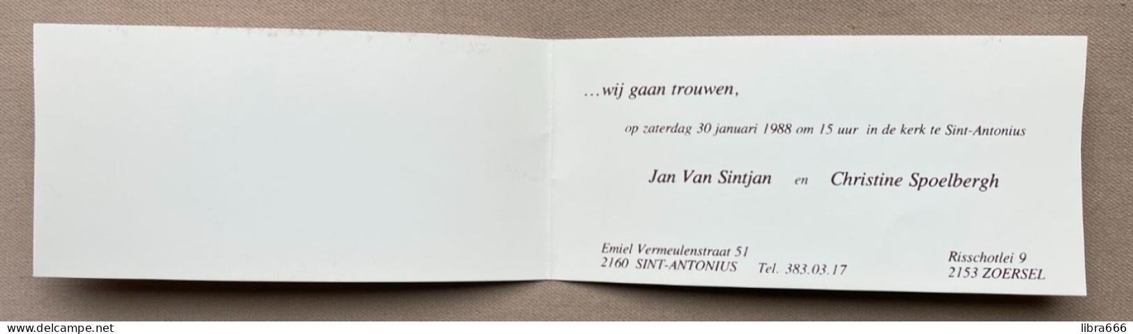 Jan VAN SINTJAN En Christine SPOELBERGH /  SINT-ANTONIUS 1988 - ZOERSEL - Annunci Di Nozze