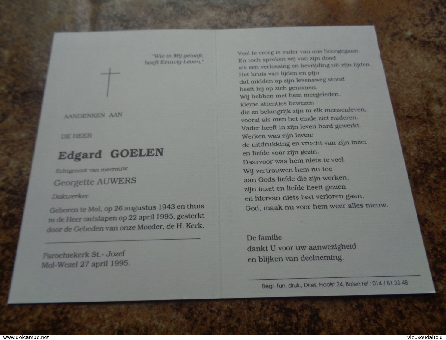 Doodsprentje/Bidprentje  Edgard GOELEN   Mol 1943-1995 - Religion &  Esoterik