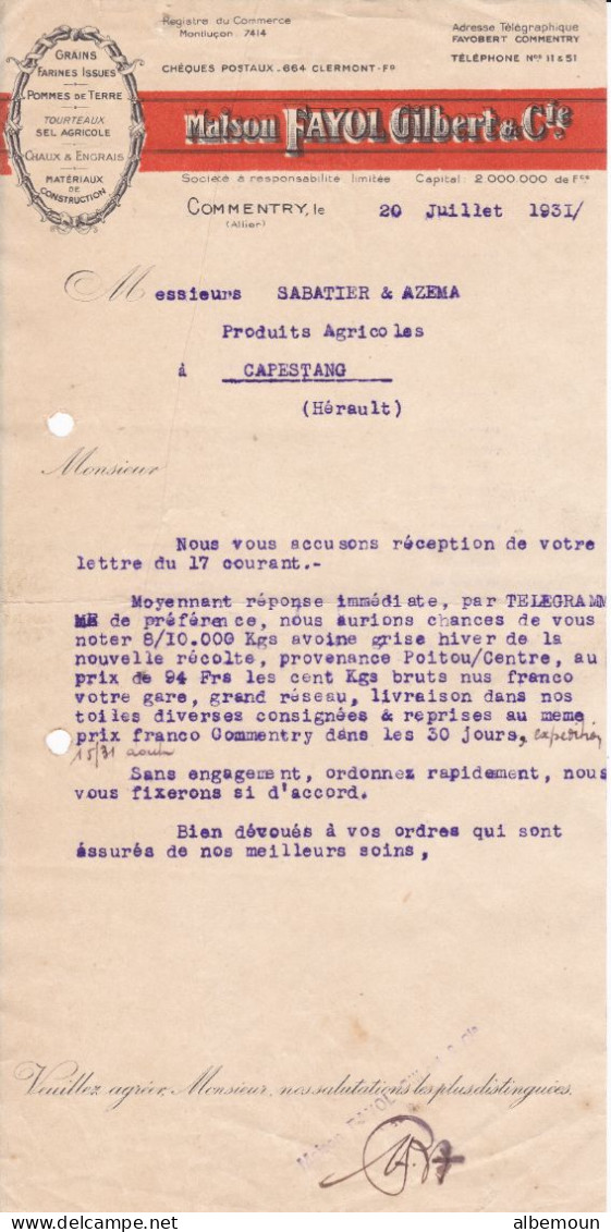 Courrier FAYOL  Gilbert & Cie Graines à Commentry Pour Sabatier & Azéma à Capestang 1931 - Lebensmittel