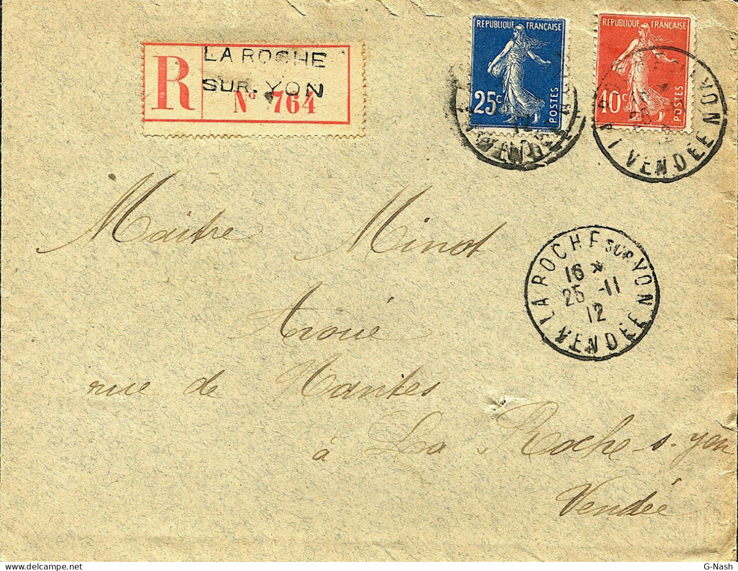 Lettre Recommandée De La Roche Sur Yon - 25 Novembre 1912 - 1906-38 Säerin, Untergrund Glatt