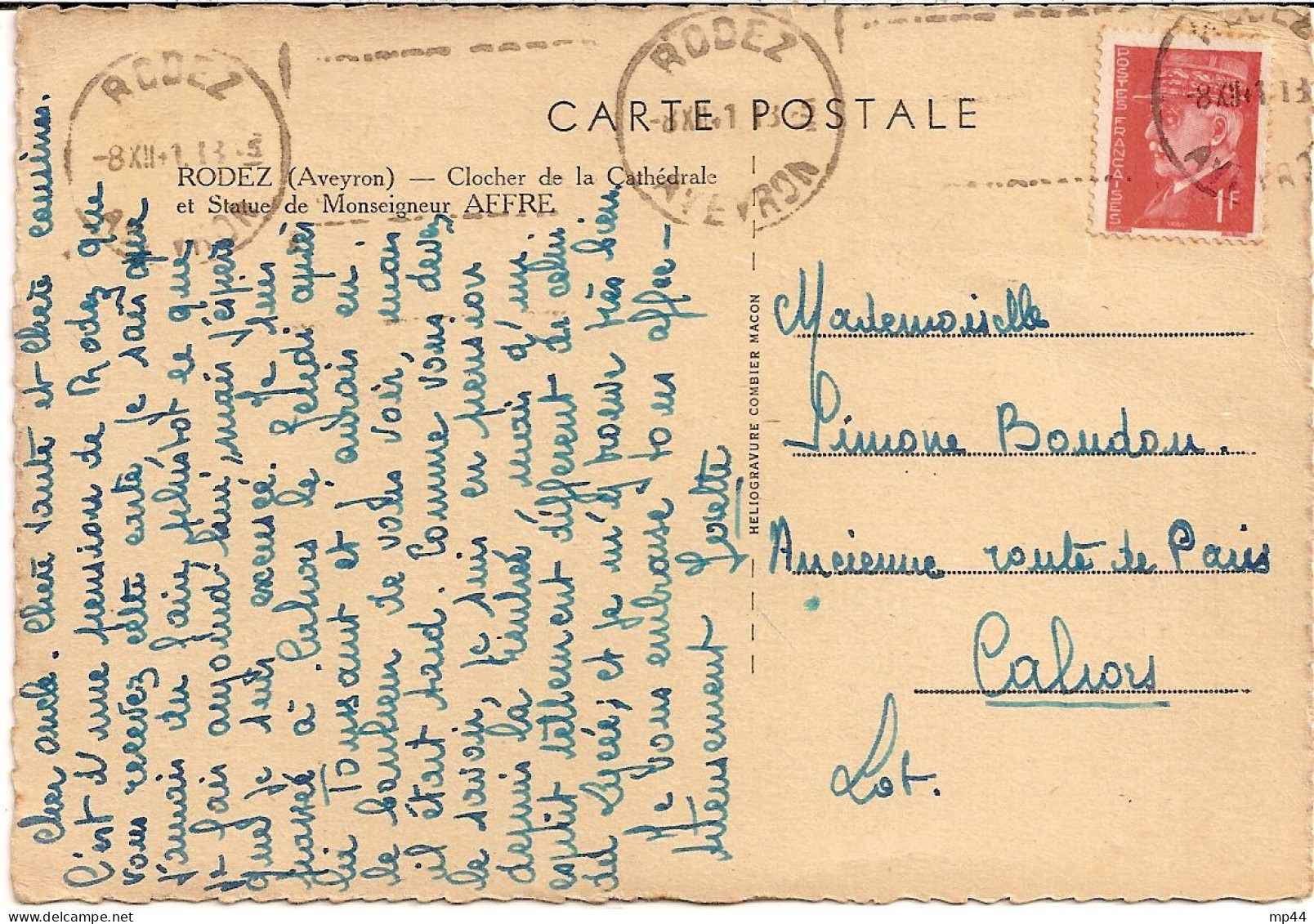 8J8 --- 12 RODEZ Texte Limé 1f Pétain - Mechanical Postmarks (Other)