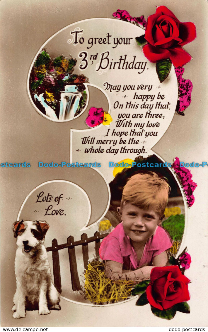 R039937 Greeting Postcard. To Greet Your 3rd Birthday. Boy And Dog. RP - World