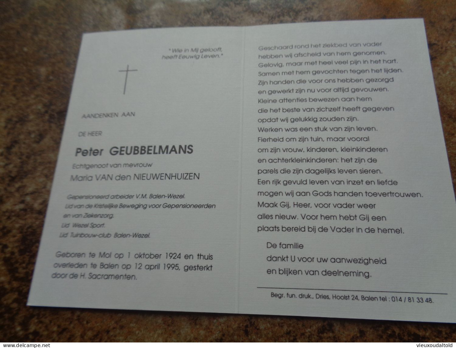 Doodsprentje/Bidprentje  Peter GEYBBELMANS   Mol 1924-1995 Balen  (Echtg M. VAN Den NIEUWENHUIZEN) - Religion &  Esoterik