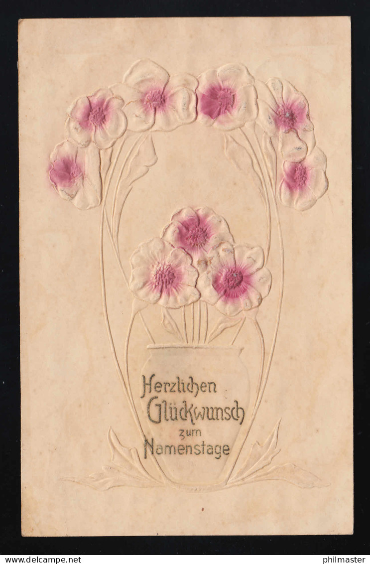 Stilisierte Vase Mit Rosa Blüten, Glückwunsch Zum Namenstag, Gangkofen 25.7.1907 - Other & Unclassified