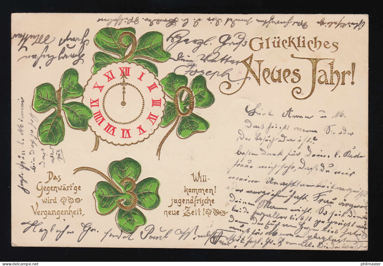 1903 Gold Ziffern Kleeblätter Uhr Neues Jahr, Montjoie/ Bruxelles 25.12.1902 - Other & Unclassified