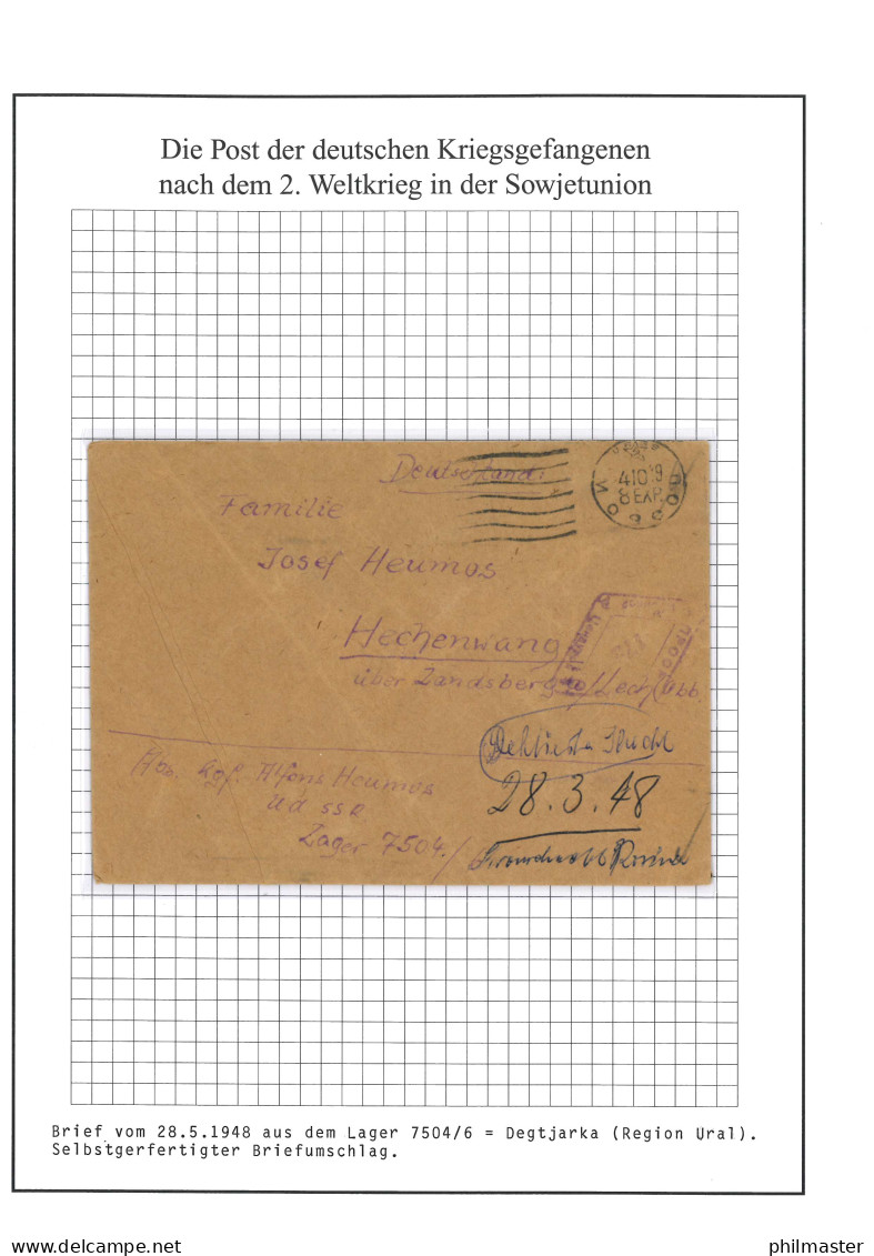 Kriegsgefangenenpost Brief Degtjarsk UdSSR Lager 7313/2 Hechenwang Vom 28.3.1948 - Feldpost World War II