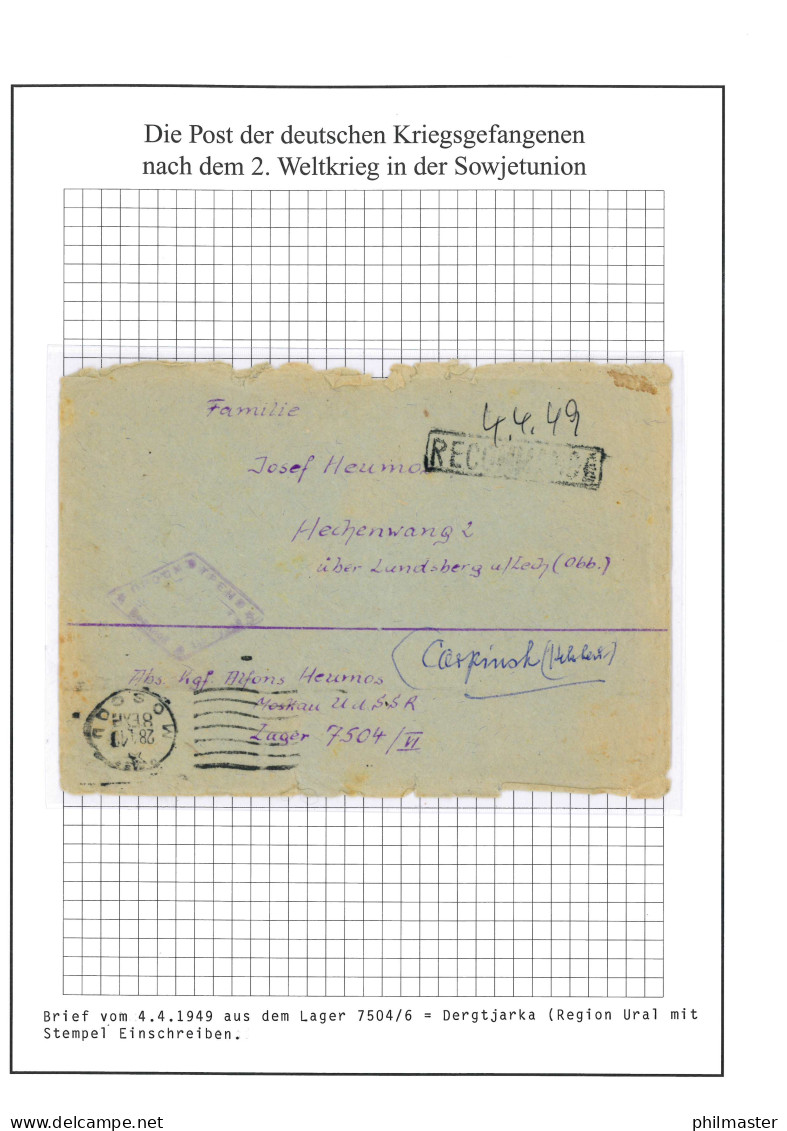 Kriegsgefangenenpost Einschreiben Lager 7504/6 Karpinsk Hechenwang 4.4.1949 - Feldpost 2. Weltkrieg