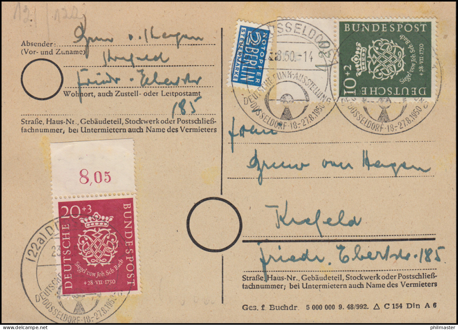 121-122 Bach-Satz OR-Stücke Postkarte SSt DÜSSELDORF Funkausstellung 23.8.1950 - Lettres & Documents