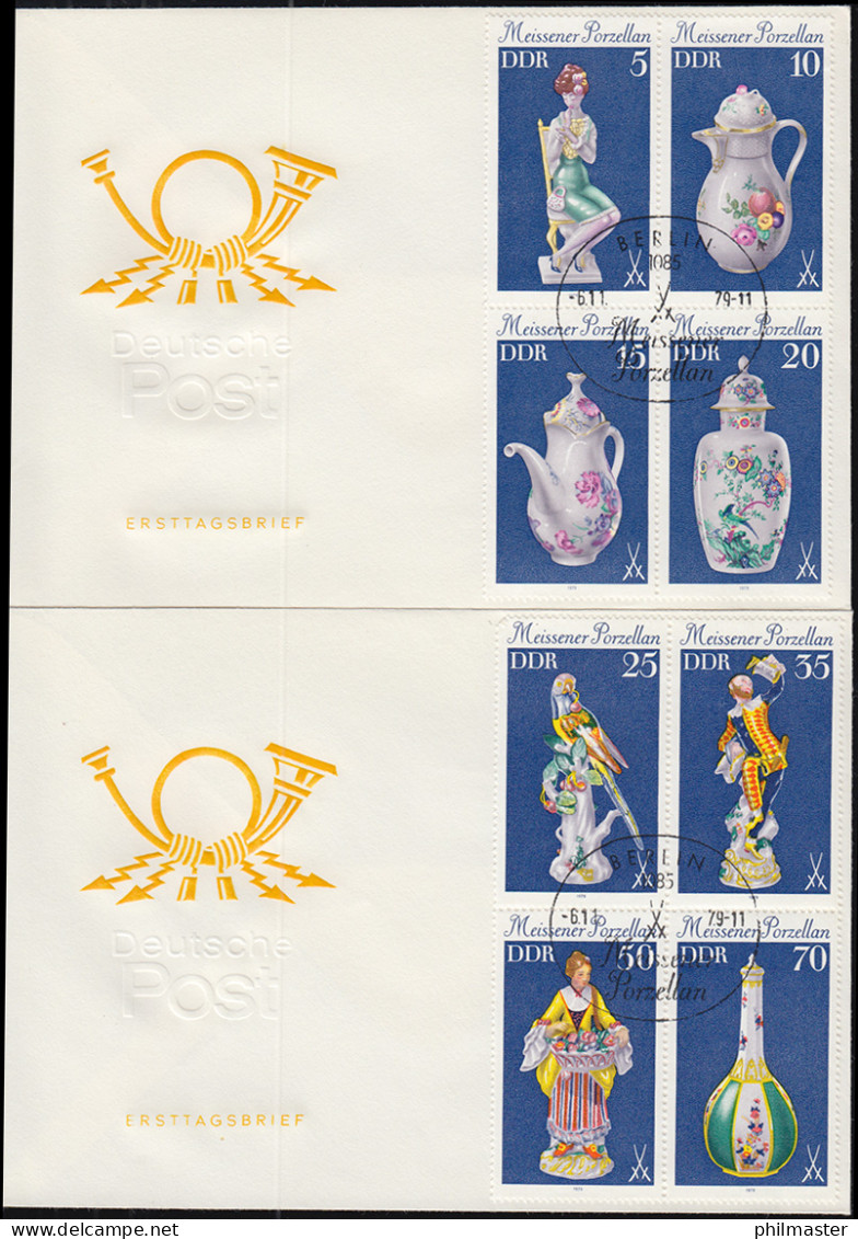 2464-2471 Meissener Porzellan 1979, 2 ZD-Vierer Auf FDC 1 Und FDC 2 - Cartas & Documentos