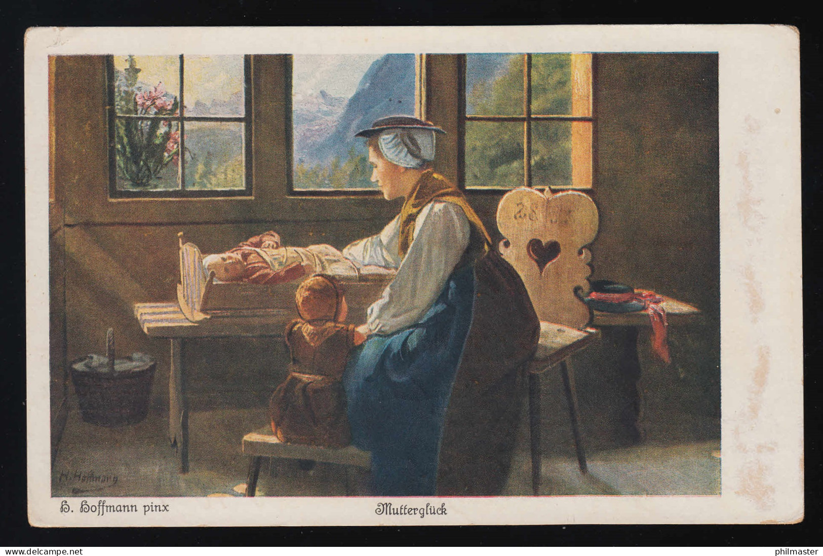 Mutter Wiege Kleinkind, Bauern Stube Tracht, H.Hoffmann Nürnberg 1.8.1925 - Mother's Day