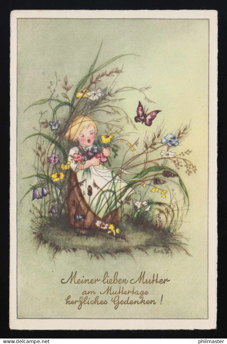 Mädchen Wildblumen Schmetterlinge Sign. Lore K. Muttertag Gedenken, Ungebraucht - Fête Des Mères