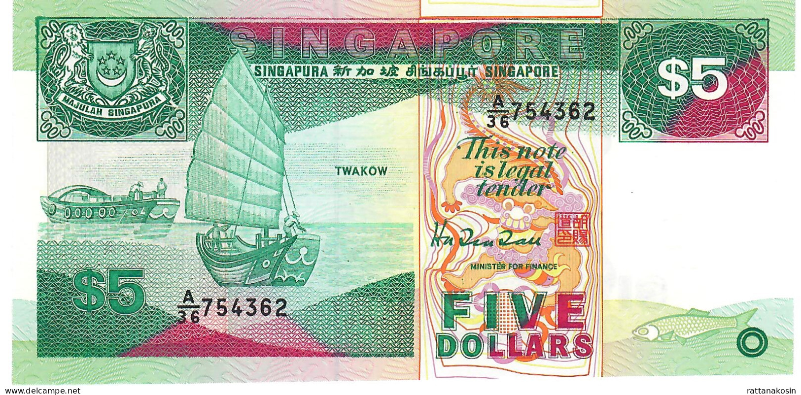 SINGAPORE P19 5 DOLLARS 1989  #A/36 UNC. - Singapur