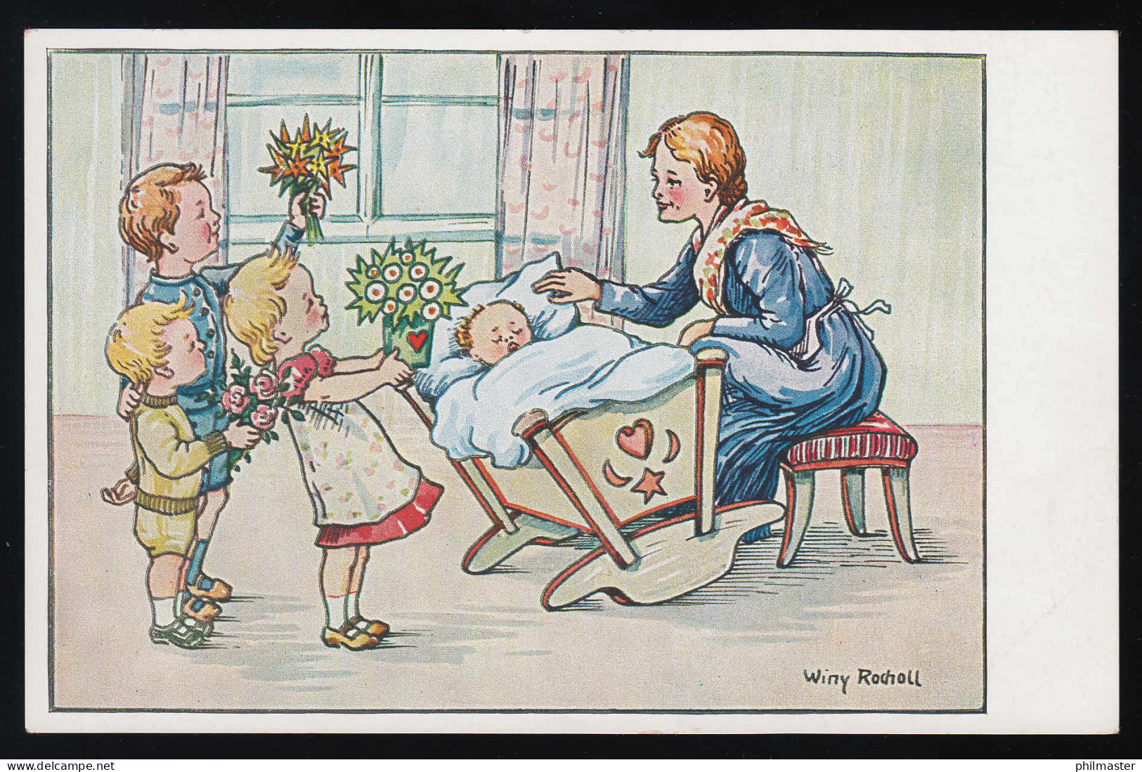 Kinder Bringen Mutter Blumen, Frau Wiege Zeichnung Winy Rocholl, Ungebraucht - Muttertag