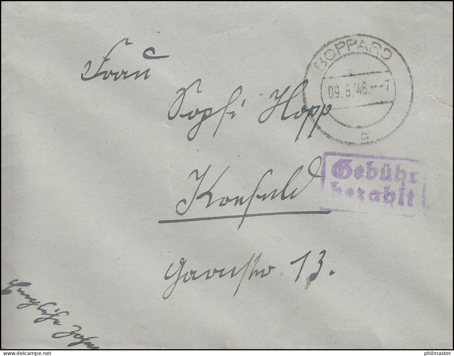 Gebühr-bezahlt-Stempel Auf Brief BOPPARD 9.6.1946 Nach Krefeld - Autres & Non Classés