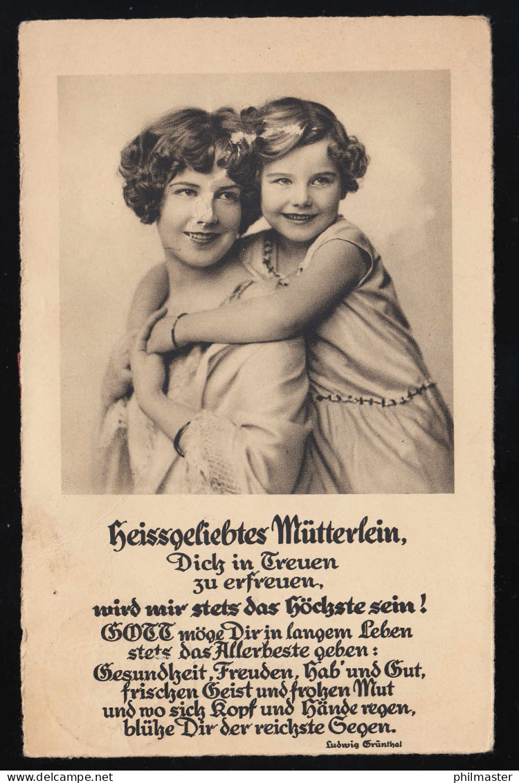 Heissgeliebtes Mütterlein, Frau Tochter Lächeln Umarmen Sich, Aussig 10.5.1931 - Muttertag