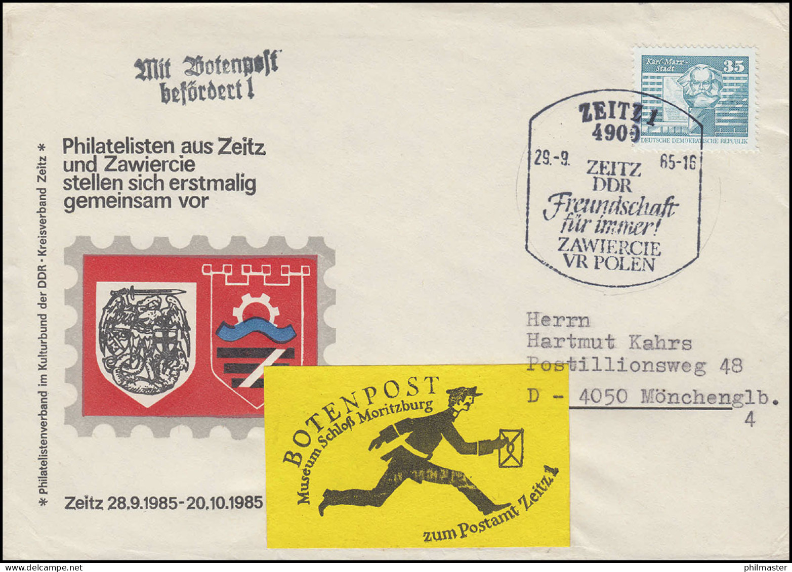 Botenpost Museum Schloß Moritzburg Zum Postamt Zeitz EF SSt ZEITZ 29.9.1985 - Other & Unclassified