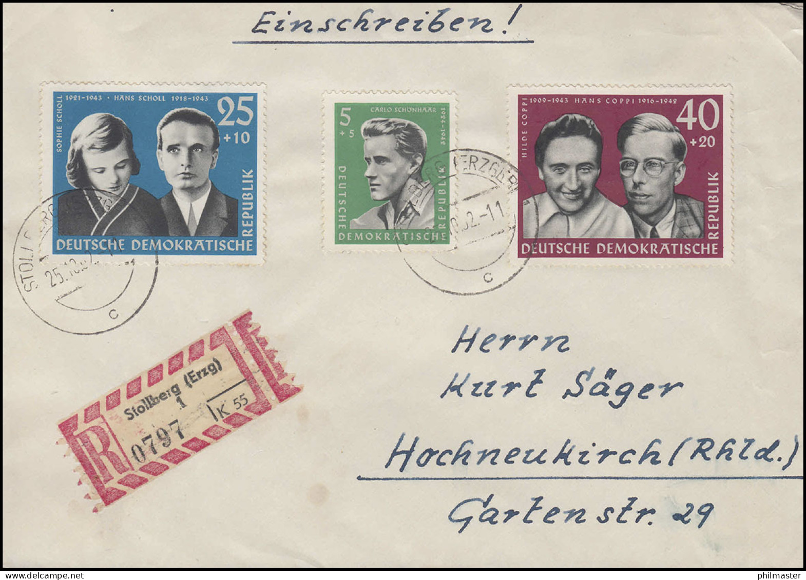 849+852+853 Widerstandskämpfer Scholl R-Brief STOLLBERG 25.10.62 - Autres & Non Classés