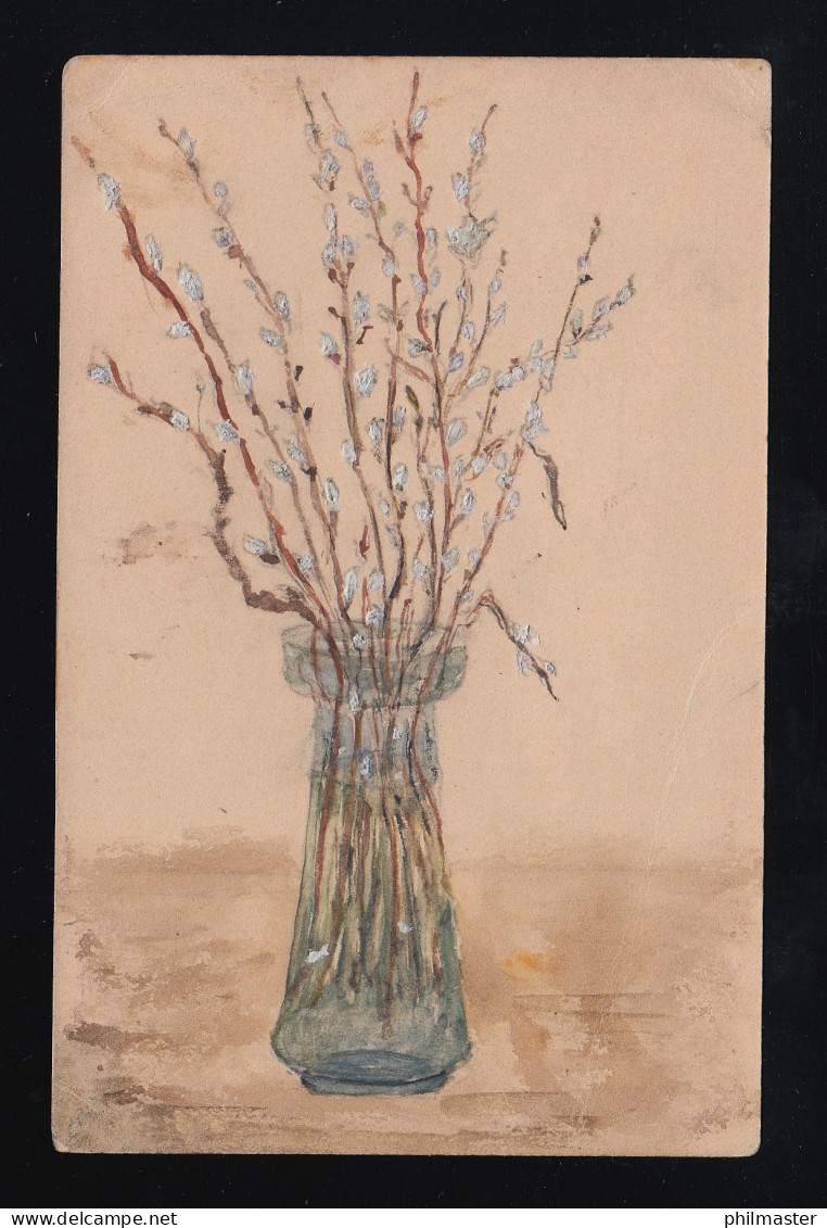 Gemälde Aquarell Vase Blaues Glas Mit Weidenkätzchen, Frankfurt (Main) 10.2.1912 - Sonstige & Ohne Zuordnung