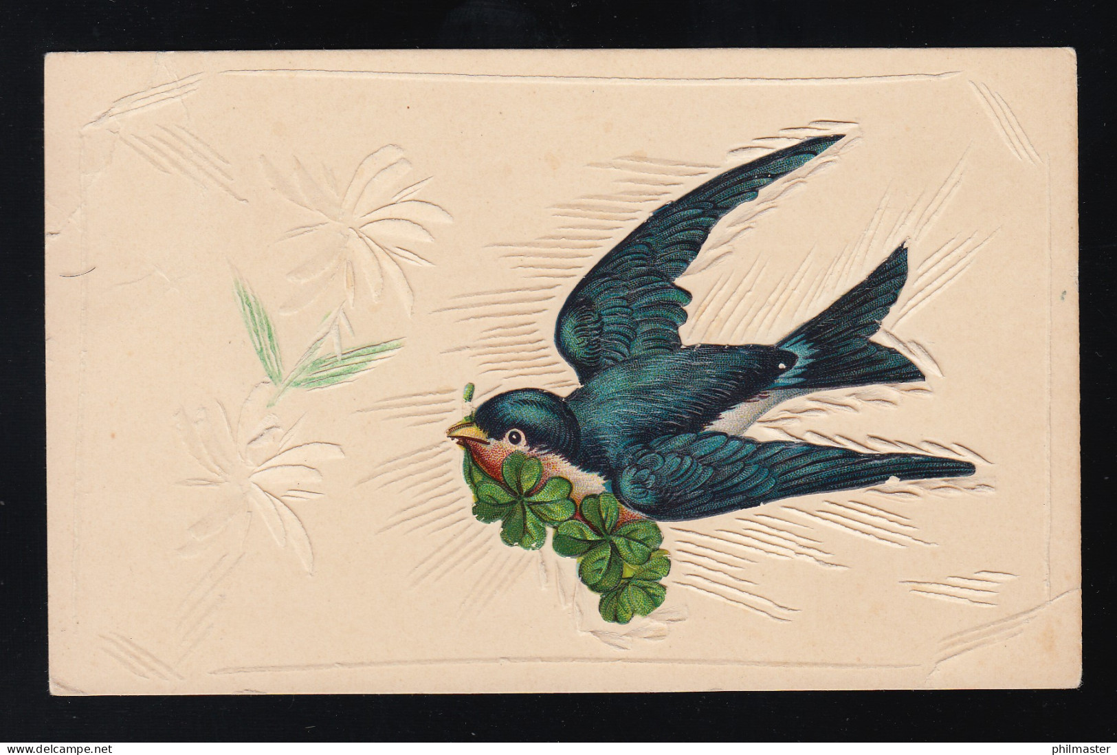 Fliegende Schwalbe Glücksklee Im Schnabel, Ornamente Blüten Wind, Ungebraucht - Sonstige & Ohne Zuordnung
