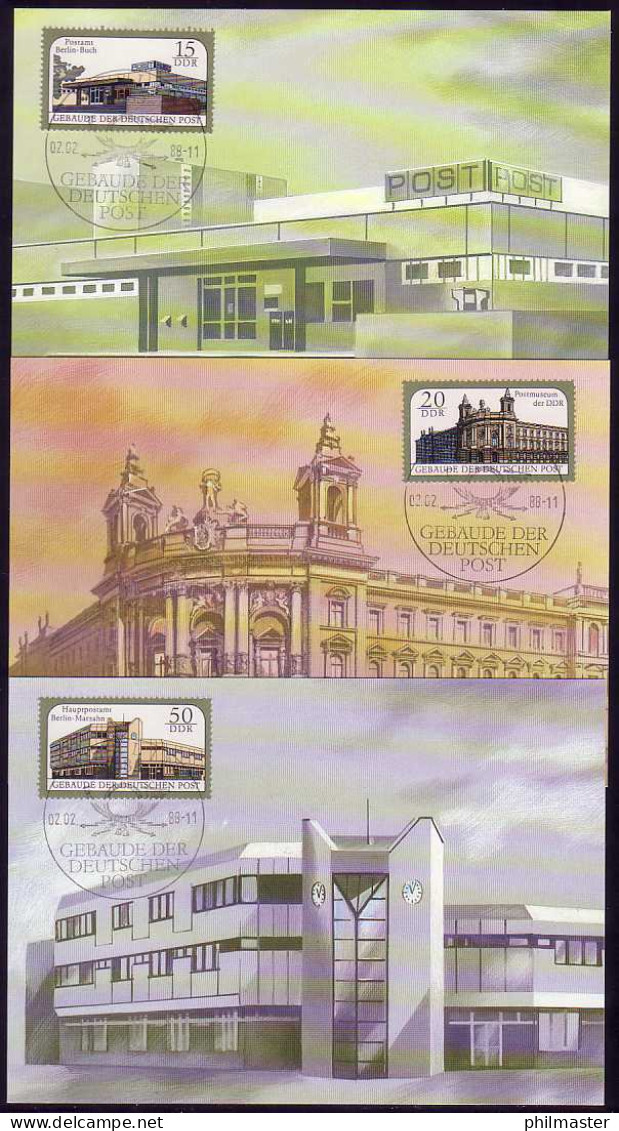 3145-3147 Postgebäude 1988, Amtliche MK 1-3/88 - Maximumkaarten