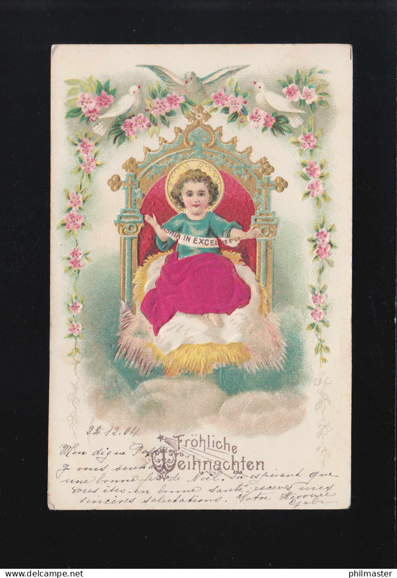 Fröhliche Weihnachten Christkind Thron Tauben Blumenkränze, Gelaufen 25.12.1904 - Sonstige & Ohne Zuordnung